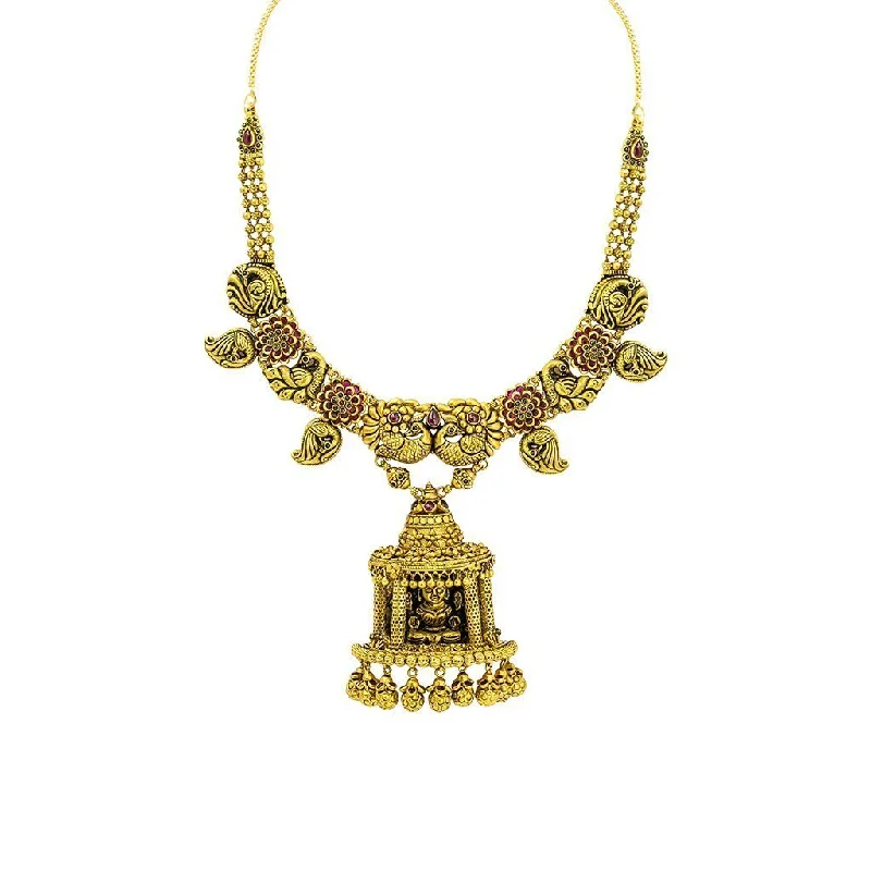 women’s luxury gold necklaces-22K Yellow Gold Antique Temple Necklace W/ Ruby, Emerald & Large Laxmi Pendant on Carved Chain