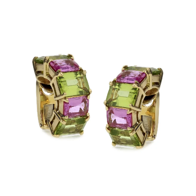 women’s drop diamond earrings-Pink Sapphire and Peridot Huggie Earrings