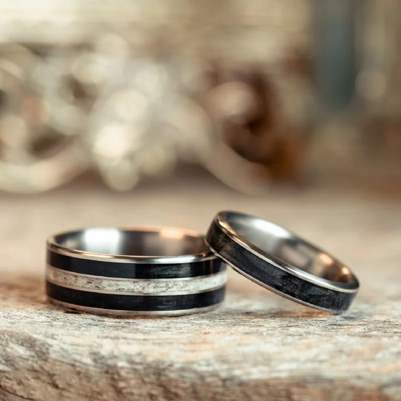 women’s white gold engagement rings-The Frontiersman & The Helen -  Black Whiskey Barrel and Titanium Wedding Band Set