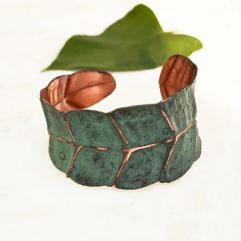 women’s engraved bracelets-Patina Copper Leaf Cuff, India