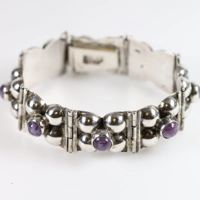 women’s simple bangles-Vintage Silver Mexican Jewelry | Mid-Century Floral Amethyst Bracelet