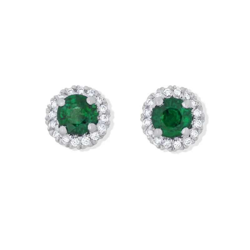 women’s gemstone drop earrings-Platinum Emerald and Diamond Halo Stud Earrings