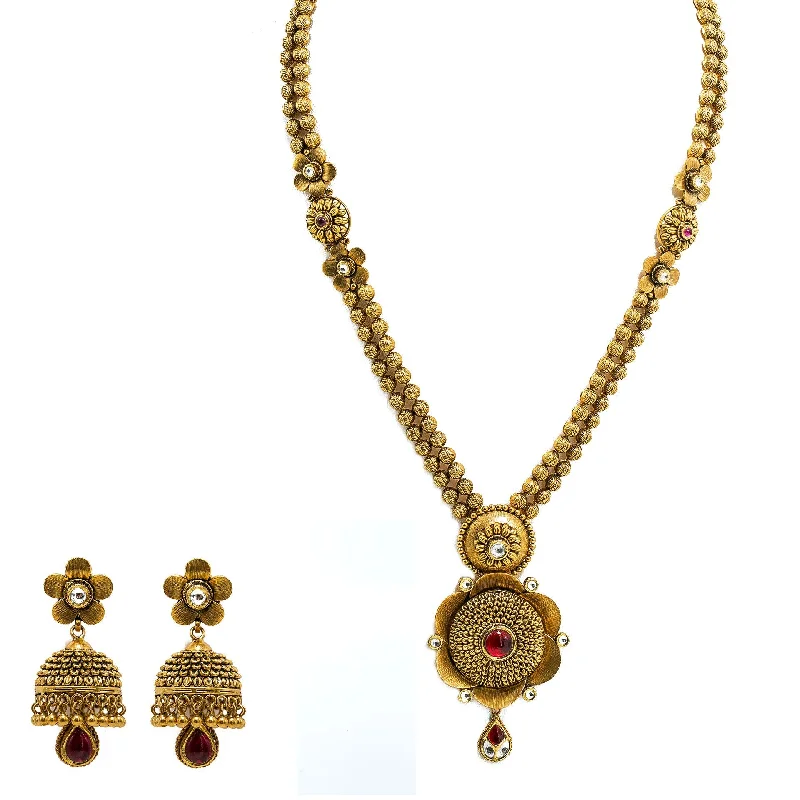 women’s birthday necklaces-22K Yellow Gold Necklace & Jhumki Earrings Set W/ Rubies, Long Double Beaded Strand & Flower Pendants