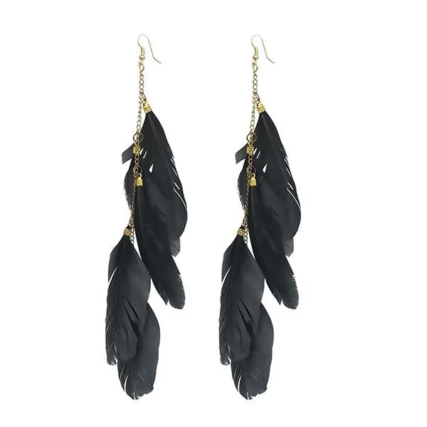 women’s gold hoop earrings-Tip Top Fashions Gold Plated Black Feather Earrings - 1310970