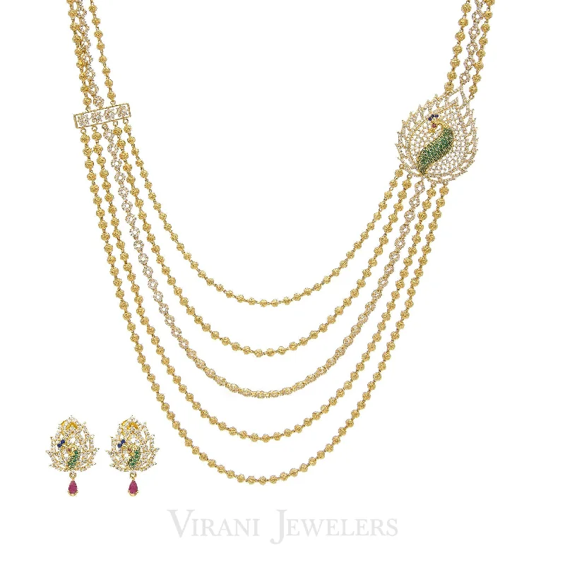 women’s long necklaces-22K Gold Swaroski CZ Peacock Necklace and Earrings Set