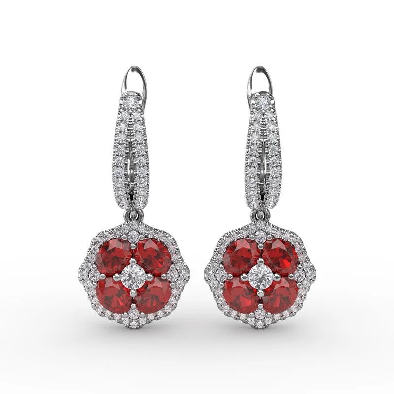 women’s sapphire earrings-FANA Ruby and Diamond Cluster Drop Earrings ER1576R