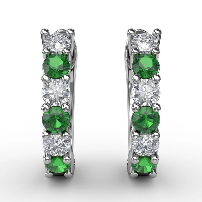 women’s long earrings-FANA Shared Prong Emerald and Diamond Hoop Earrings ER1494E