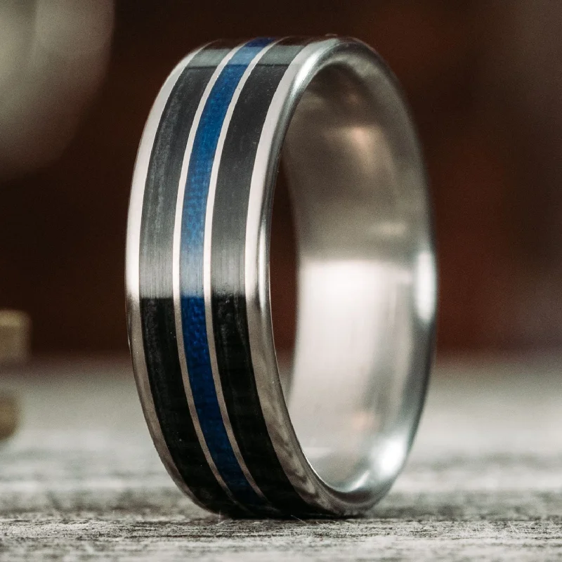 women’s ruby diamond engagement rings-The Thin Blue Line | Men's Titanium Wedding Band with Whiskey Barrel & Blue Line