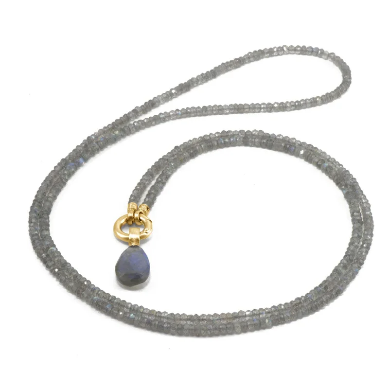 women’s floral pendant necklaces-Labradorite Drop and Bead Necklace, 24 Karat Vermeil