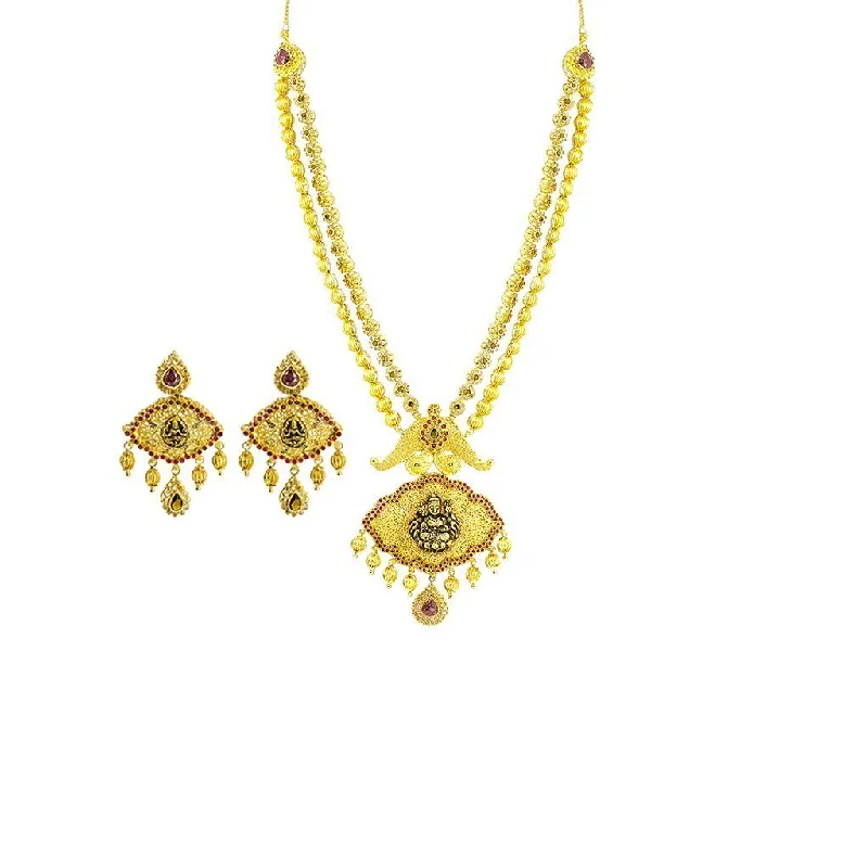 women’s diamond solitaire necklaces-22K Yellow Gold Necklace & Earrings Set W/ CZ, Rubies, Emeralds on Laxmi & Third Eye Pendant