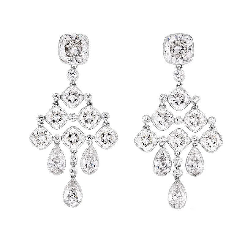 women’s ruby earrings-Platinum Cushion-cut Diamond Chandelier Earrings