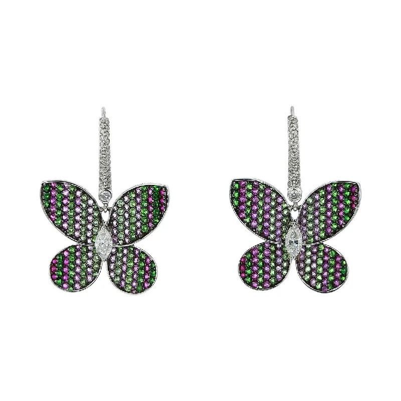 women’s layered earrings-Multi-Gemstone Butterfly 18K White Gold Drop Earrings