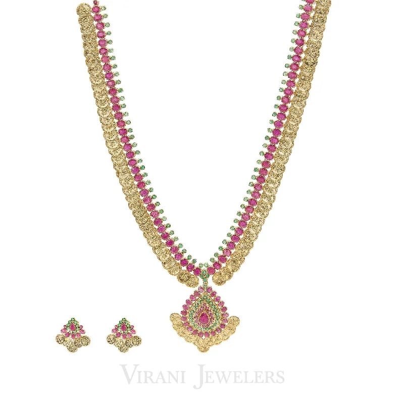 women’s bar necklaces-Multi-Stone Ruby& Emerald Kasu Drop Necklace and Earrings Set in 22K Yellow Gold