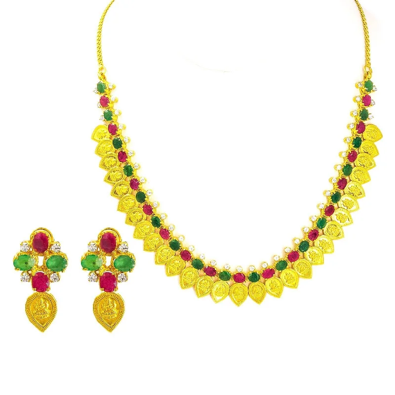 women’s designer necklaces-22K Yellow Gold Necklace & Earrings Set W/ Teardrop Laxmi Coins and Ruby, CZ & Emerald Gemstones