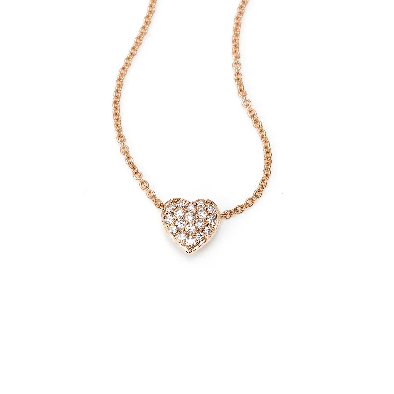 women’s heart pendant necklaces-Small Pavé Diamond Heart Necklace, 14K Rose Gold