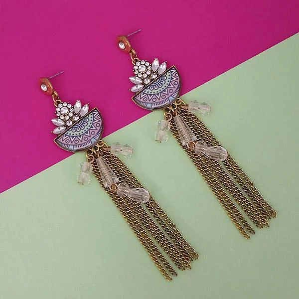 women’s wedding earrings-Urthn White Stone Meenakari Chain Drop Tassel Earrings - 1311825F