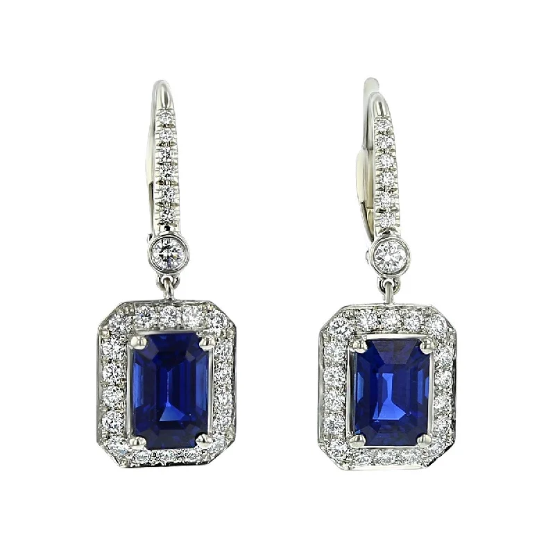 women’s crystal earrings-Platinum Blue Sapphire and Diamond Drop Earrings