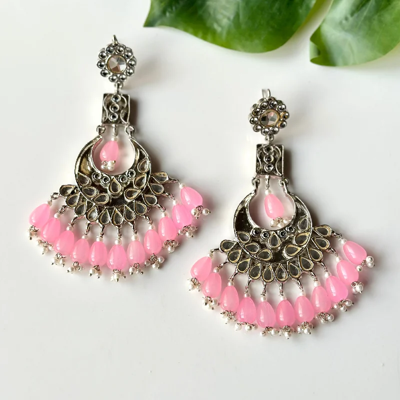 women’s geometric drop earrings-Farshi Kundan Earrings (Silver Baby Pink)