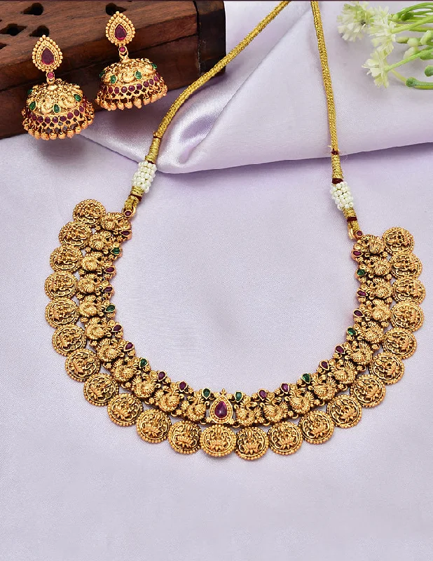 women’s gemstone pendant necklaces-Designer Matt Lakshmi Devi Kempu Necklace Set