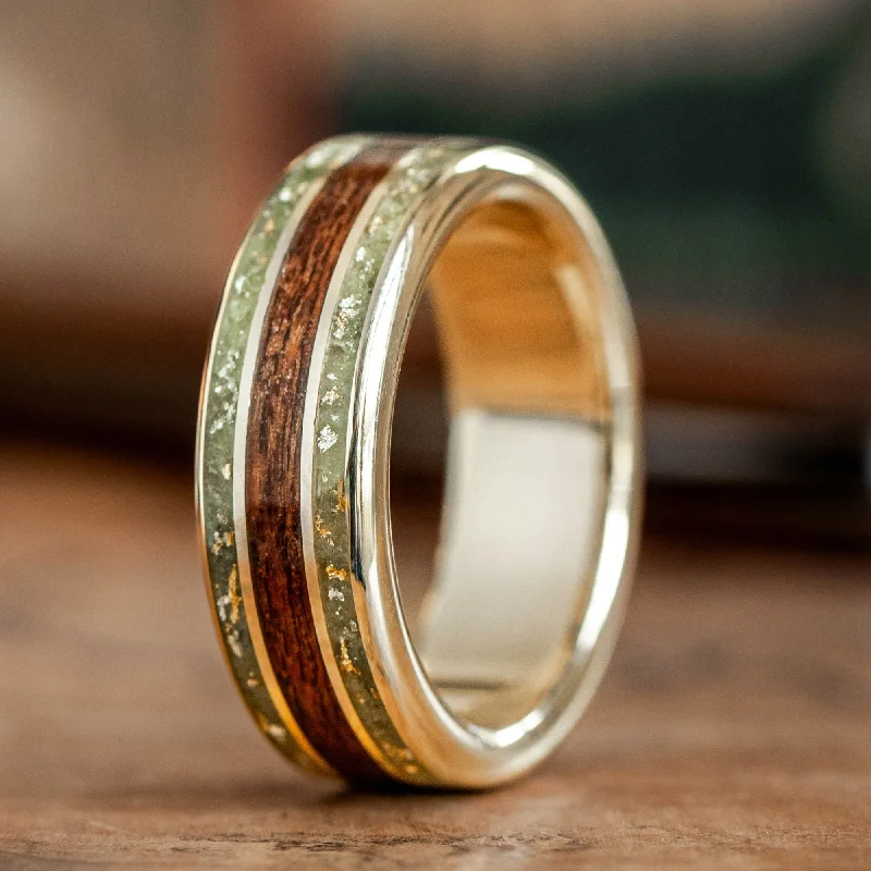 women’s three-stone engagement rings-The Muir | Men's Mahogany Wood and Green Peridot Gold Wedding Band