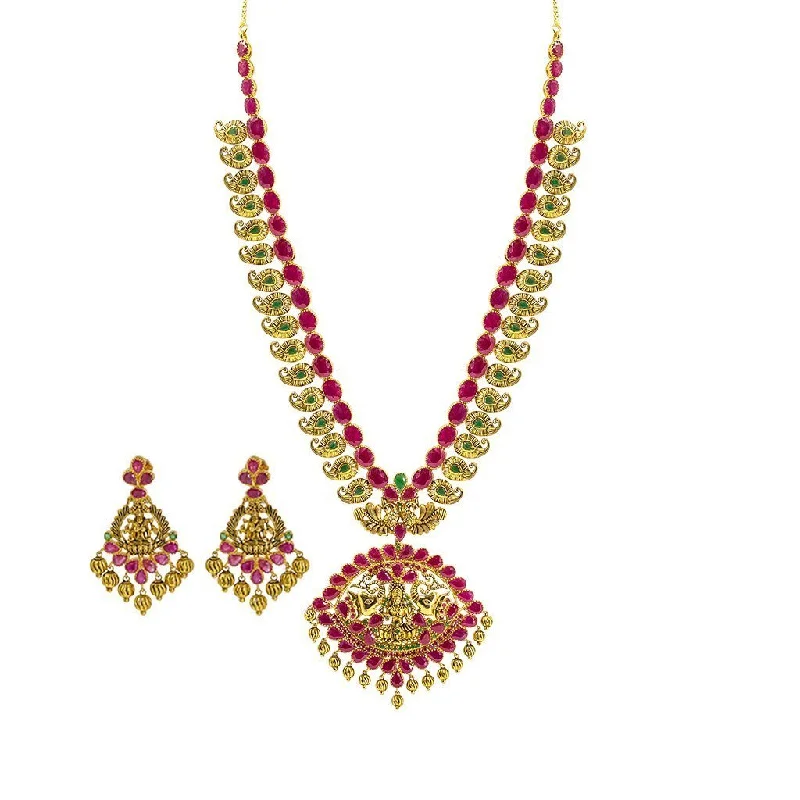 women’s luxury necklaces-22K Yellow Gold Set Necklace & Earrings W/ Rubies & Emeralds on Laxmi Eyelet Pendant & Engraved Mango Accents