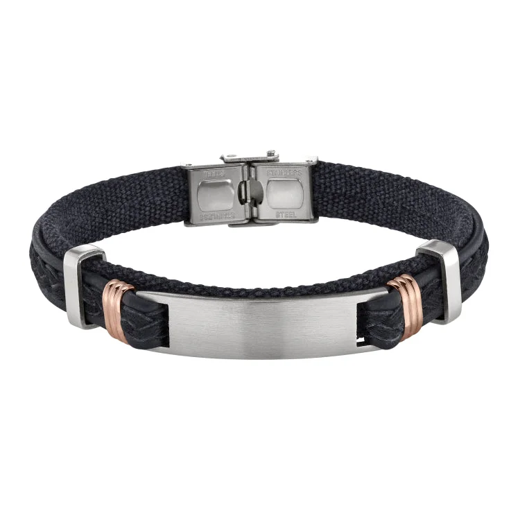 women’s bracelets-Black Leather And Fabric Bracelet With Large Cenral Stainless Steel Bar