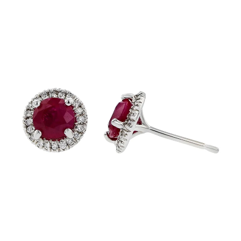 women’s vintage-style earrings-Platinum Ruby and Diamond Halo Earrings