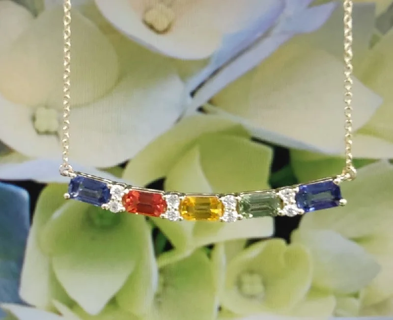 women’s friendship necklaces-Yellow Gold Rainbow Sapphire An Diamond Necklace