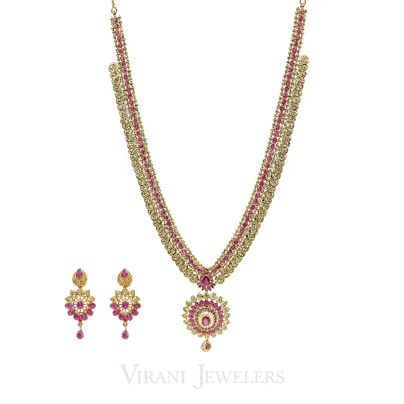 women’s gemstone-studded necklaces-Pink Ruby Vintage Drop Necklace and Earrings Set in 22K Yellow Gold W/ Coin Accents