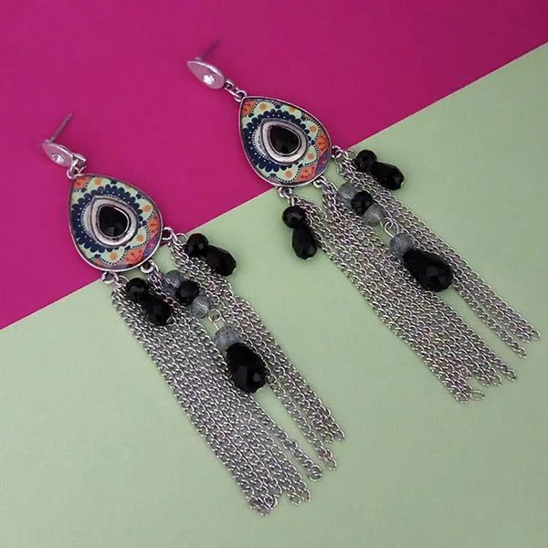 women’s vintage diamond earrings-Urthn Rhodium Plated Black Stone Chain Drop Tassel Earrings - 1311827E