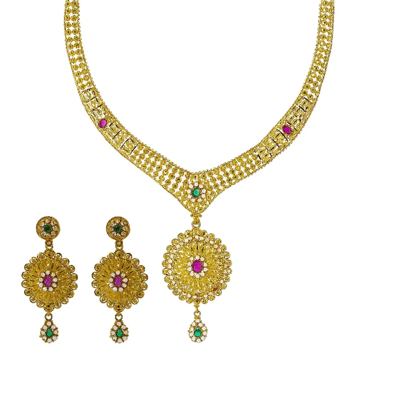 women’s diamond solitaire necklaces-22K Yellow Gold Necklace Set W/ Emeralds, Rubies, CZ Gems & Large Flower Pendants