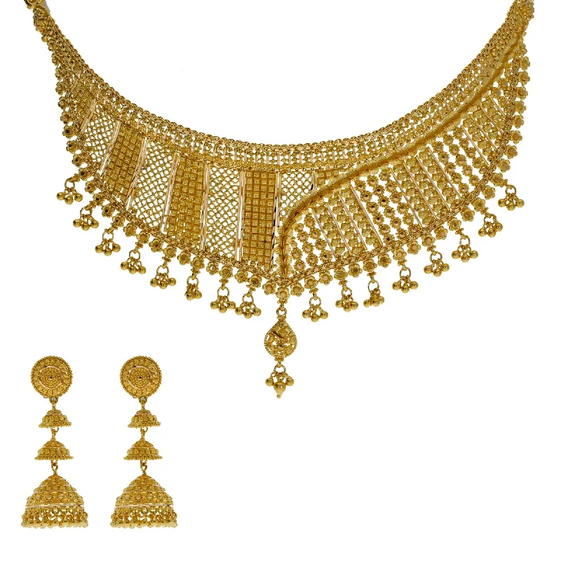 women’s infinity necklaces-22K Yellow Gold Necklace & Jhumki Earrings Set W/ Beaded Filigree & Short Bib Necklace