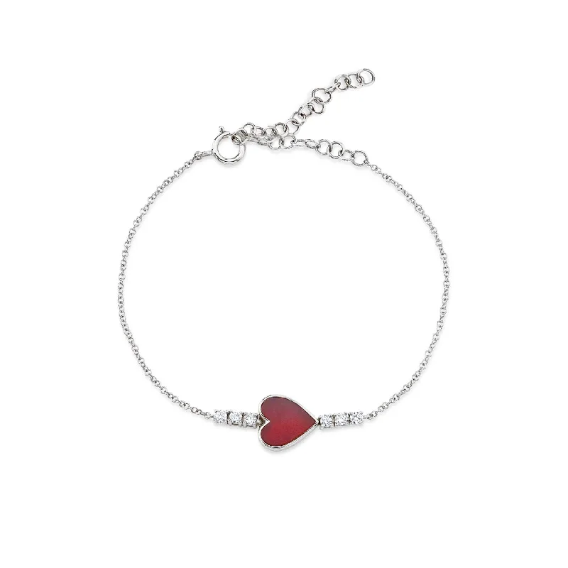 women’s thick bracelets-Heart Bracelet - White Diamond and Carnelian / 14k White Gold