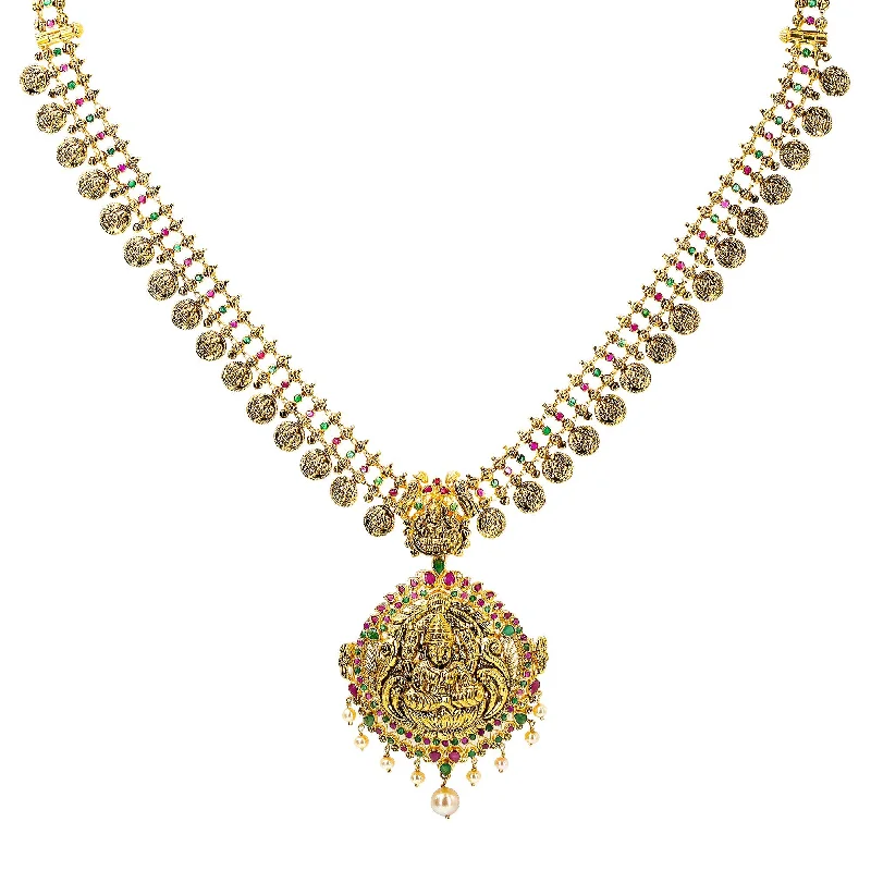 women’s religious necklaces-22K Yellow Antique Gold Laxmi Kasu Haaram Necklace W/ Emeralds, Rubies, Pearls & Large Pendant