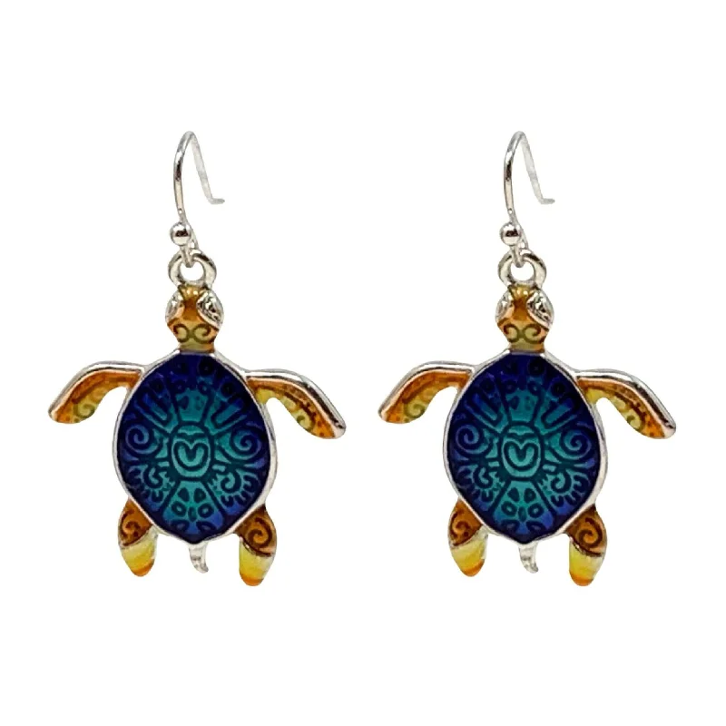 women’s vintage earrings-Hand-Painted Sea Turtle Dangle Earrings