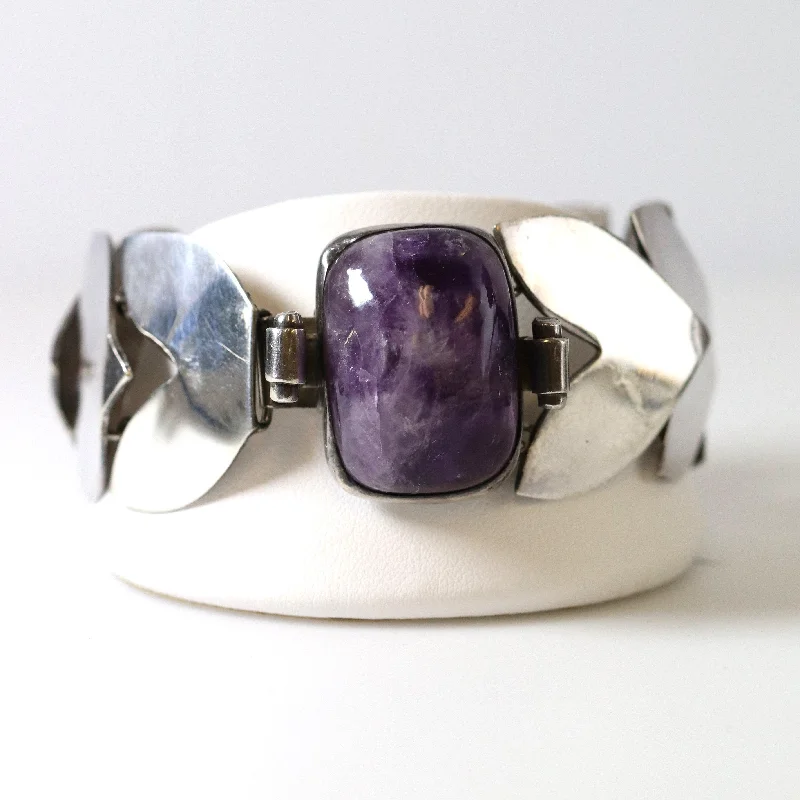 women’s diamond-studded bangles-Vintage Fred Davis Taxco Silver Mexican Jewelry | Handcrafted Amethyst Link Bracelet