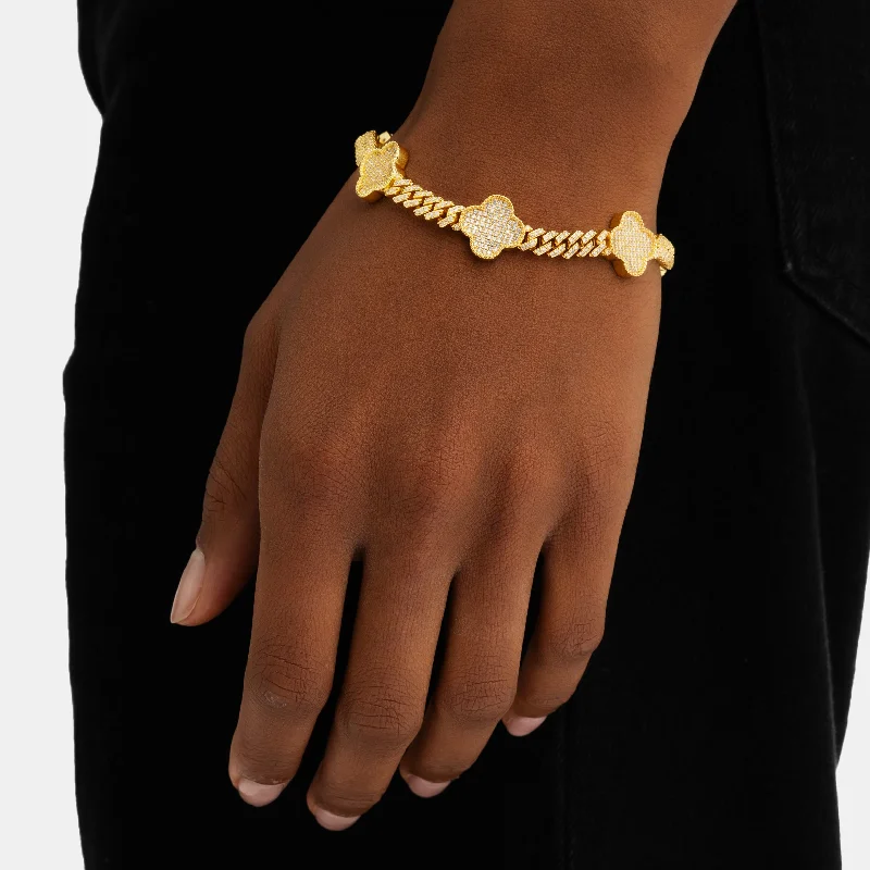 women’s elastic bracelets-Clover Prong Cuban Bracelet Gold