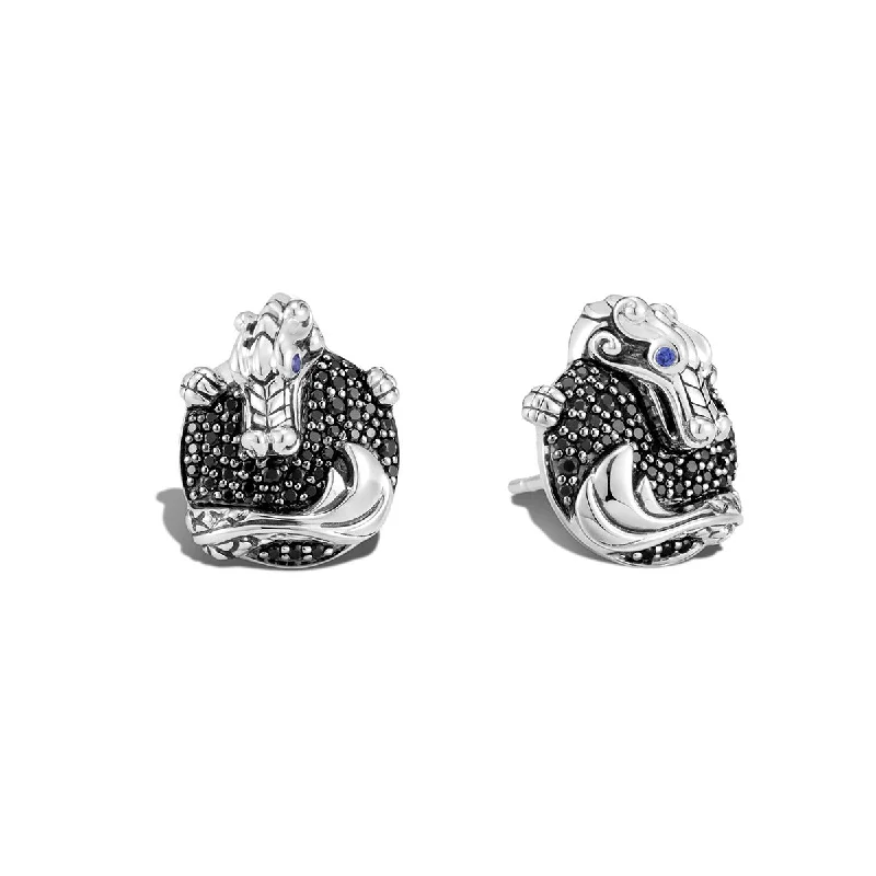 women’s luxury diamond earrings-Legends Naga Silver Stud Earrings with Treated Black Sapphire and Black Spinel with Blue Sapphire Eyes