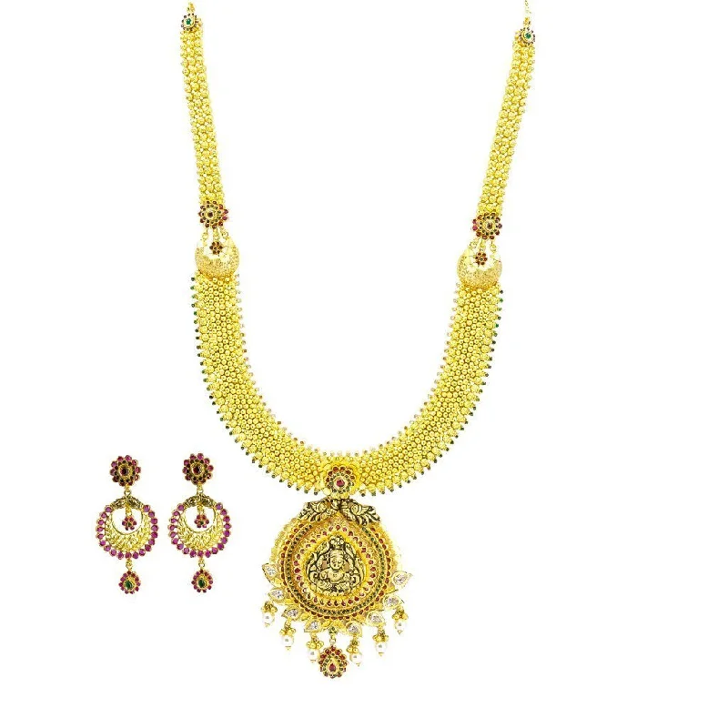 women’s friendship necklaces-22K Yellow Gold Necklace & Earrings Set W/ CZ, Ruby, Emerald, Pearls & Laxmi Pendant on U-Shaped Beaded Chain