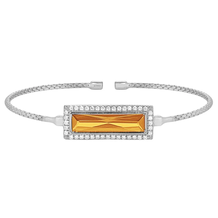 women’s bangle sets-Rhodium Finish Sterling Silver Cable Cuff Bracelet with Rectangular Simulated Citrine Stone and Simulated Diamonds