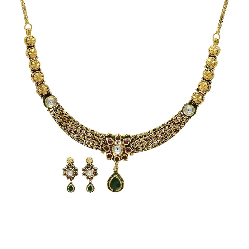 women’s timeless necklaces-22K Gold Ruby Emerald Kundan Floral Necklace & Earrings Set