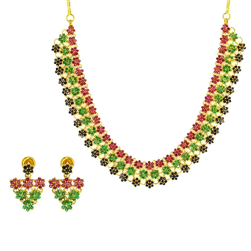 women’s gold-plated necklaces-22K Yellow Gold Necklace & Earrings Set W/ Emeralds, Rubies, Black Sapphires & Floral Display