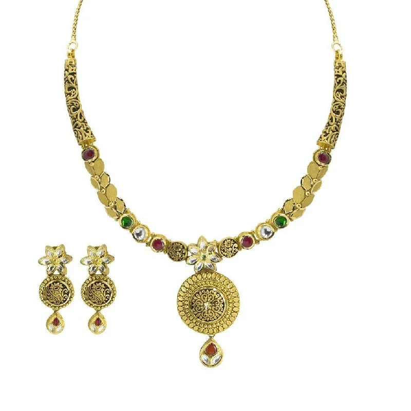 women’s personalized pendant necklaces-22K Yellow Gold Antique Necklace & Earrings Set W/ Kundan & Large Round Pendant on Crescent Choker