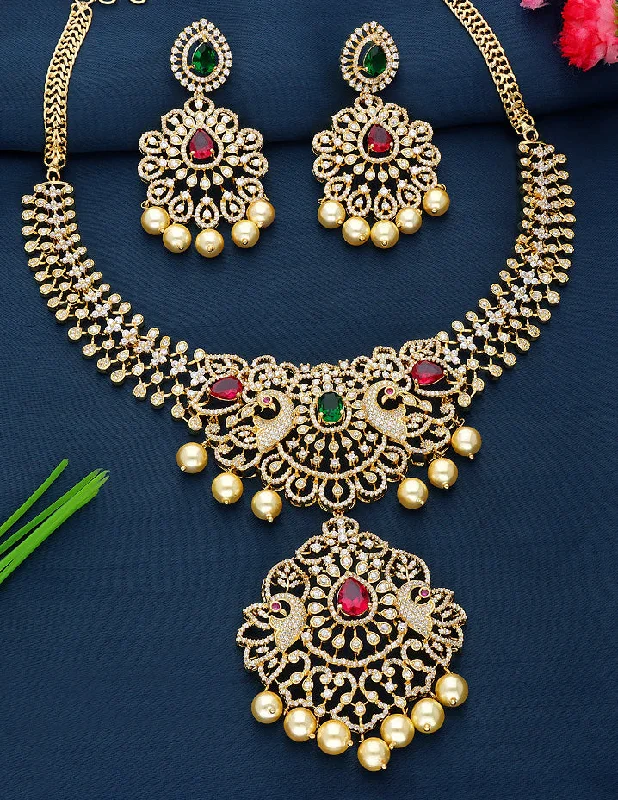 women’s wedding necklaces-Designer Gold Plated Zirconia Necklace Set