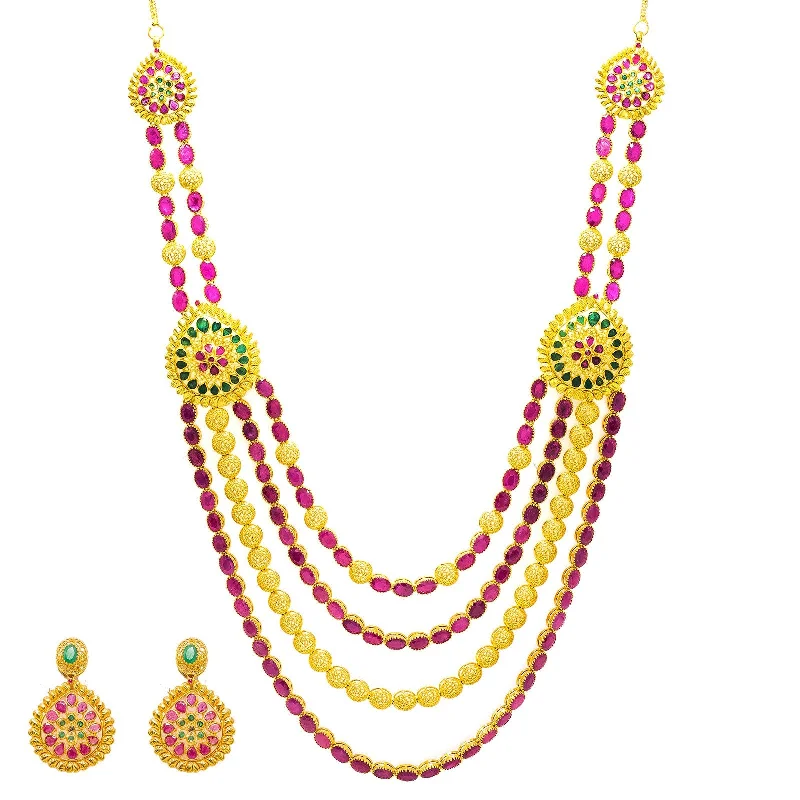 women’s pendant necklaces-22K Yellow Gold Necklace & Earrings Set W/ Emeralds, Rubies & Ornate Draped Design