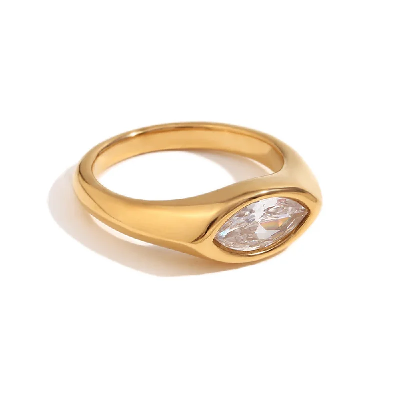 Horse Eye Zircon Seal Ring - Gold White-6