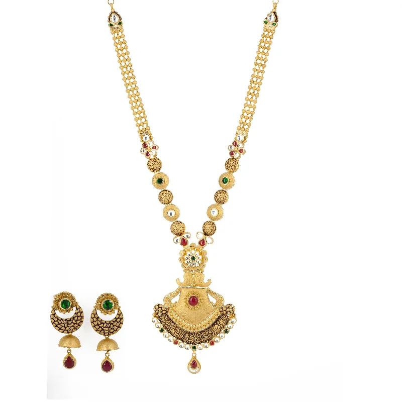 women’s rhinestone necklaces-22k Antique Gold Long Pendant Necklace & Chandbali Earrings Set W/ Ruby, Emerald, & Kundan