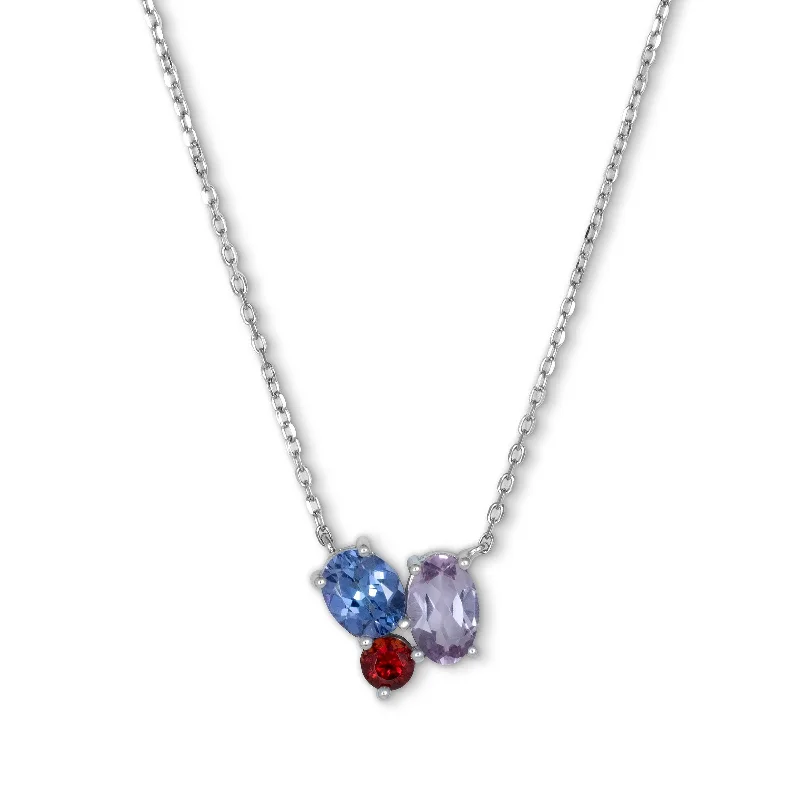 women’s layered diamond necklaces-Multi Gemstone Cluster Necklace, Sterling Silver