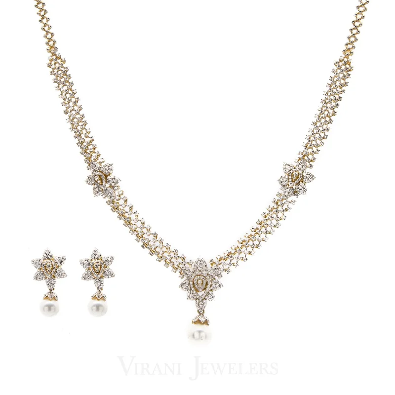 women’s cross necklaces-8.74CT VVS Diamond Necklace & Earring Set in 18K Gold W/ Floral Accent Design