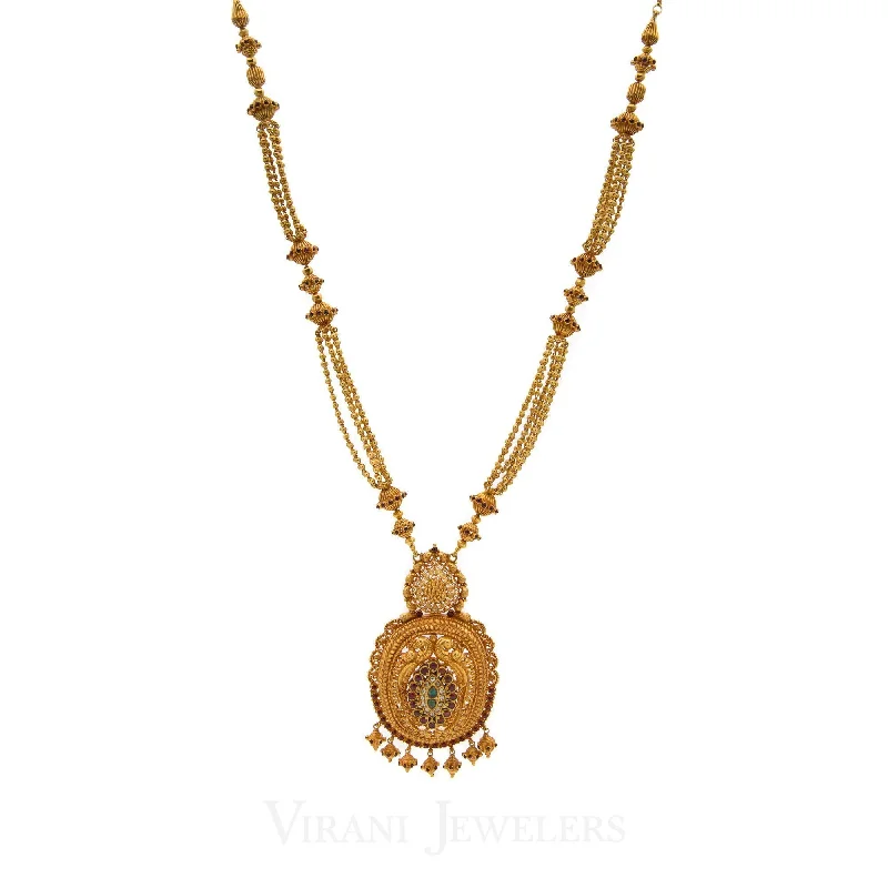 women’s delicate gold necklaces-22K Antique Gold Finish Drop Necklace W/Kundans, Ruby, & Emerald Stones